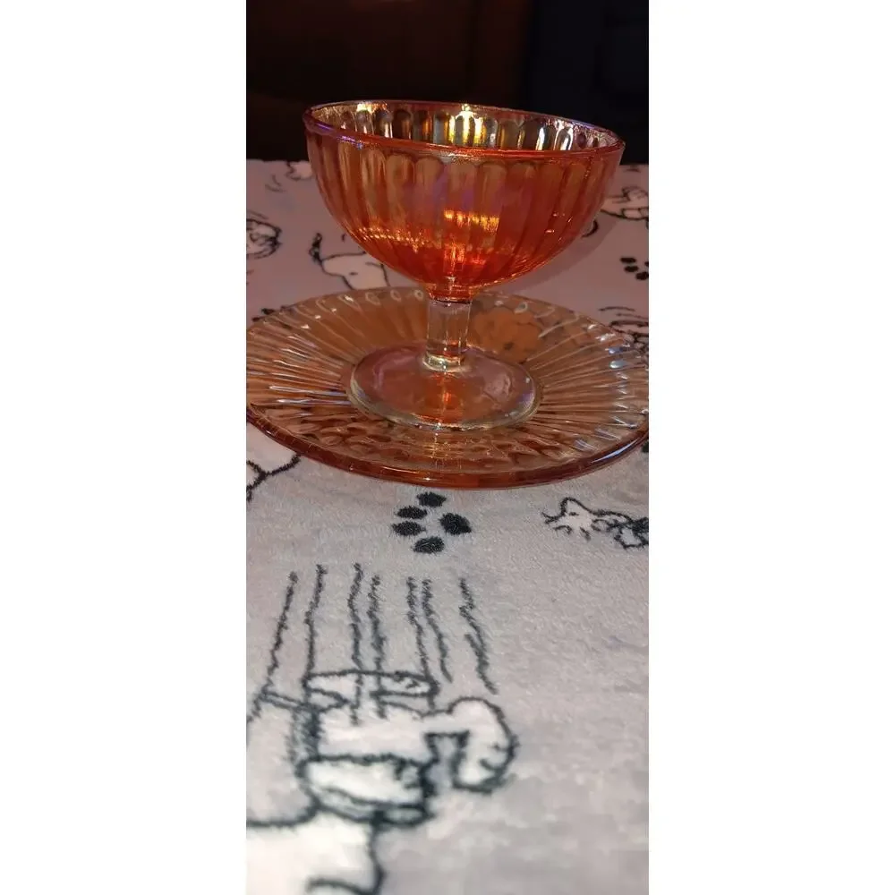 1920s Marigold Carnival Glass Sherbet Dish With Underplate